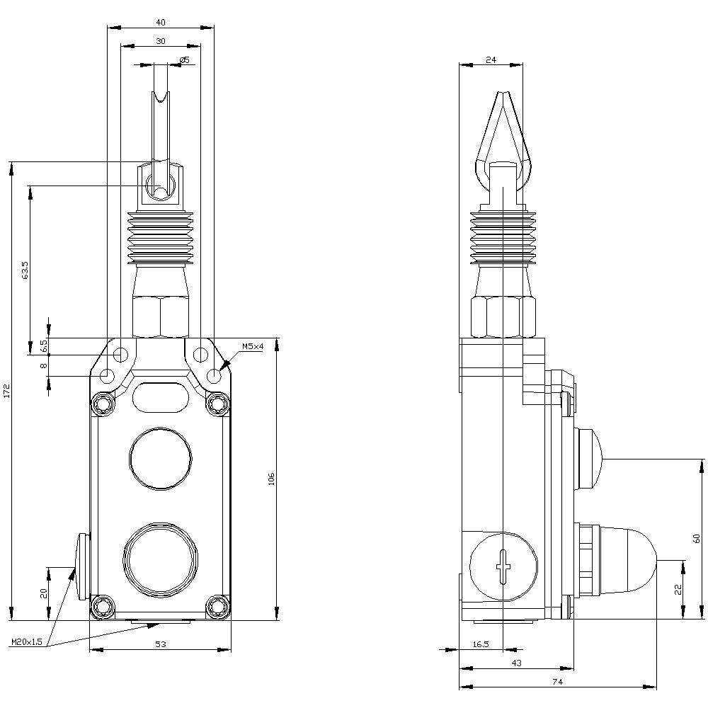 Technical drawing of a switch with dimensions in millimetres. Frontal and side views show detailed construction features.