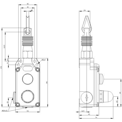 Technical drawing of a switch with dimensions in millimetres. Frontal and side views show detailed construction features.