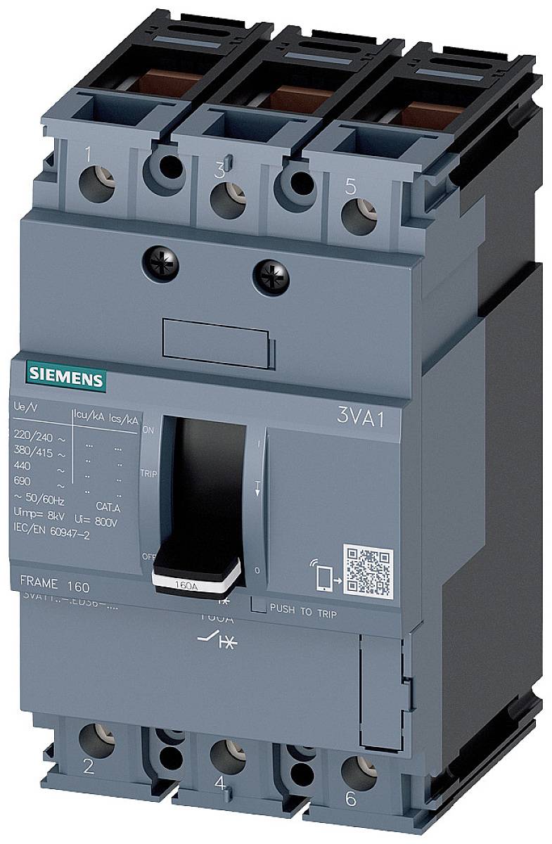A blue 3-pole Siemens circuit breaker Type 3VA1 for protection and control of electrical systems. QR code visible.