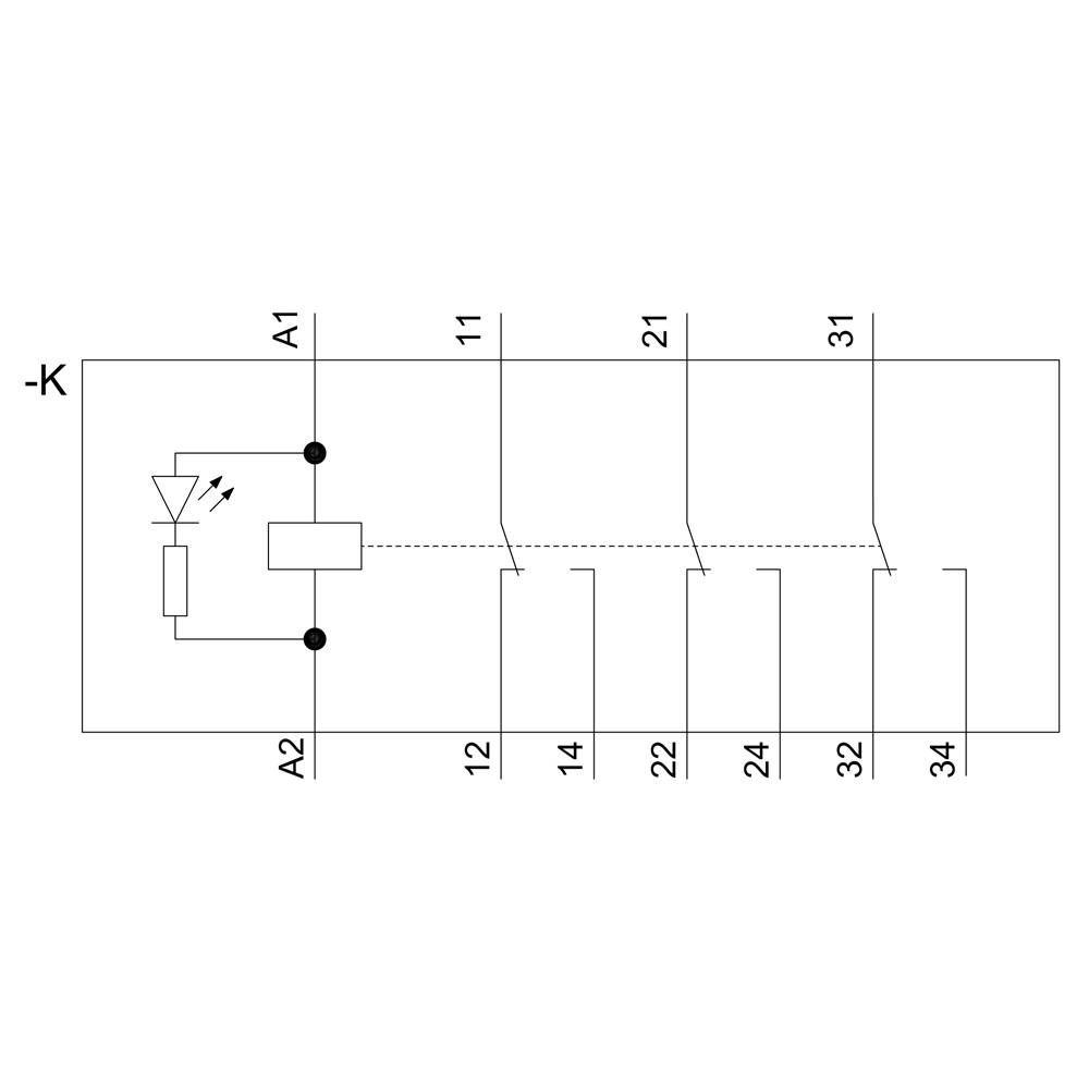 'Relay with LED' in the circuit diagram: A1 and A2 are coil terminals, 11/12, 21/22, 31/32 are switching contacts.