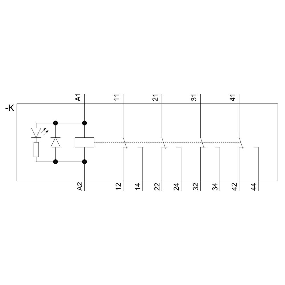 Switching symbol shows a relay contact block with four two-pole changeover switches. To the left of this is an LED indicator and a diode.