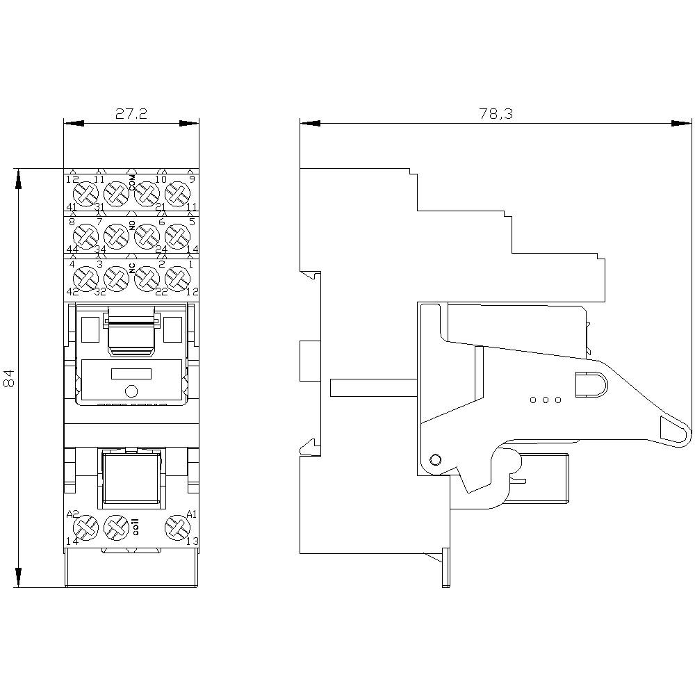 Technical drawing of an electrical component with dimensions: 84 x 27.2 x 78.3 mm. Front and side views are shown.