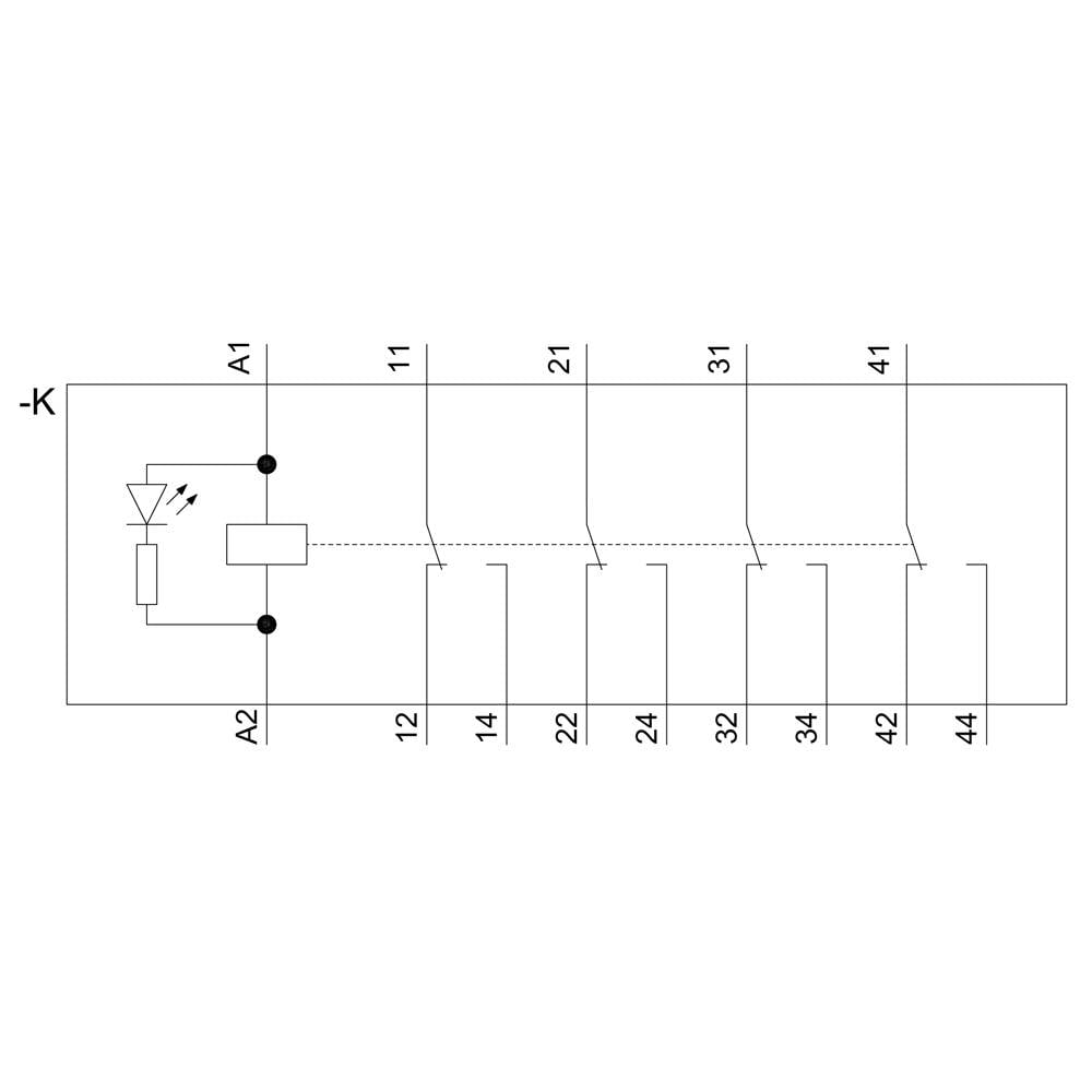 Circuit diagram of a relay with LED indicator. Terminals A1, A2 and relay contacts 11-44 are labelled.