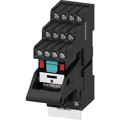 A Siemens electrical contactor in vertical view. Black housing with screw terminals and a green and red button.