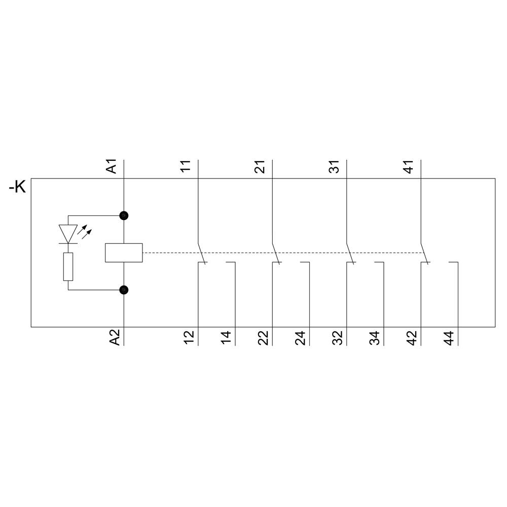 Circuit diagram of a relay card with four relays and an indicator LED. Marked connections: A1, A2, 11-44 and LED.