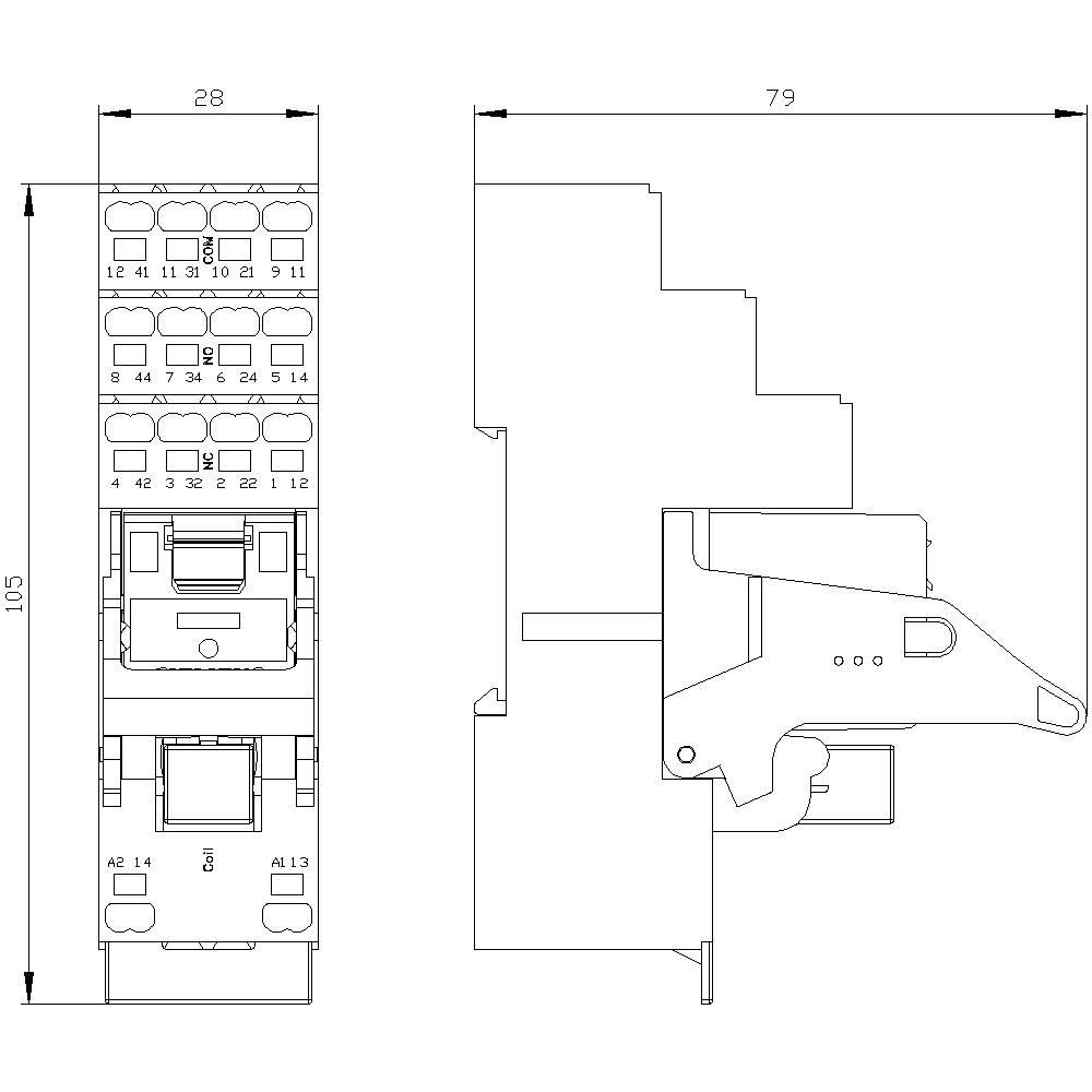 Technical drawing of a switch frame with front and side view, showing connections and dimensions in millimetres.