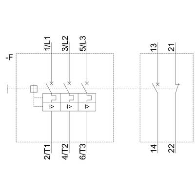 'Circuit diagram with three switches for 1/L1, 3/L2, 5/L3 and connections to 2/T1, 4/T2, 6/T3. Forwarding to 13, 14, 21, 22.'