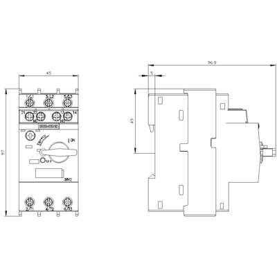 Technical drawing of a contactor with dimensions. Front and side views show labels and position of terminals.