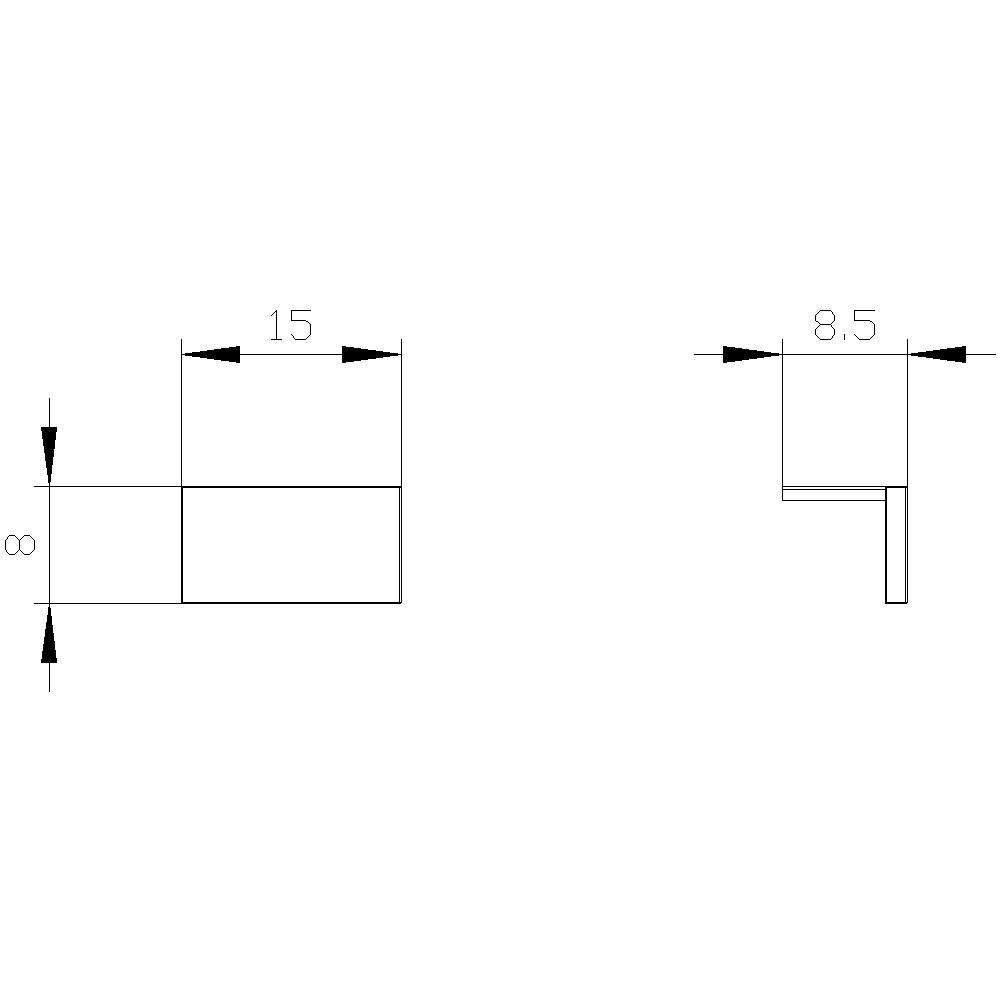 Technical drawing of a metal profile, showing two views: rectangular profile with dimensions 15 and 8.5 millimetres.