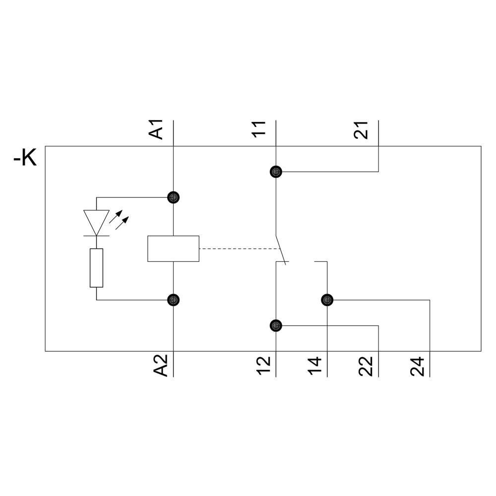 'Electrical circuit diagram with relay, LED indicator, and terminals A1, A2, 11, 12, 14, 21, 22, 24, showing switching paths.'