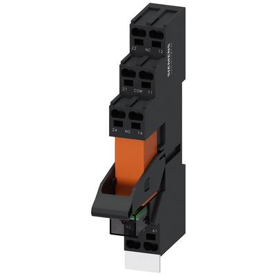 An electronic relay module with black terminals, an orange insert, and a Siemens logo. Used for controlling electrical signals.