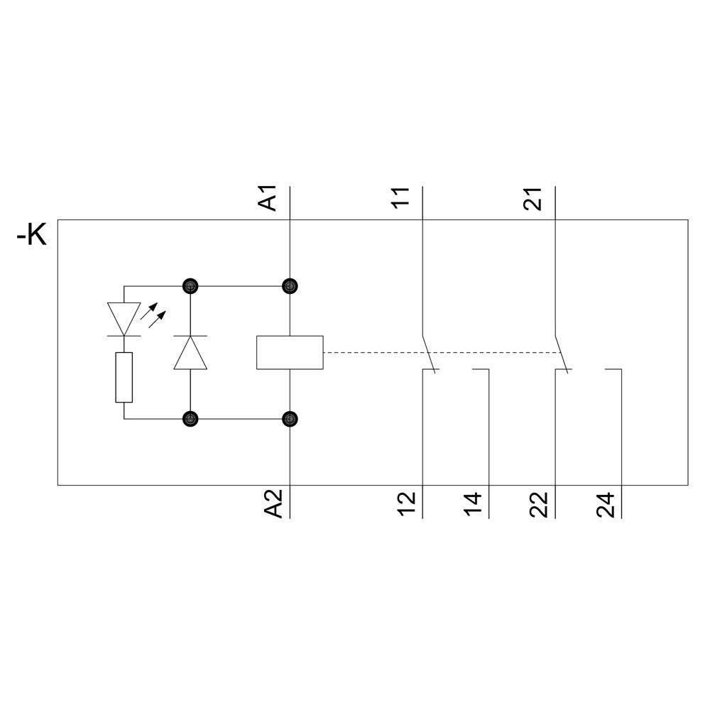 Circuit diagram of a relay with coil terminals A1 and A2 and switching contacts 11-12, 21-22, 14-24; includes a diode and LED.