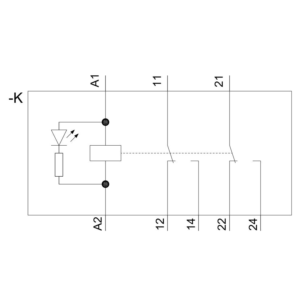 'Circuit diagram shows relay circuit with LED indication. Contacts A1, A2, 11, 12, 14, 21, 22, and 24 are marked.'