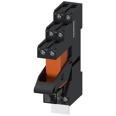 A relay module in a black and orange housing. It shows connections for coil and switching contacts, marked with labels.