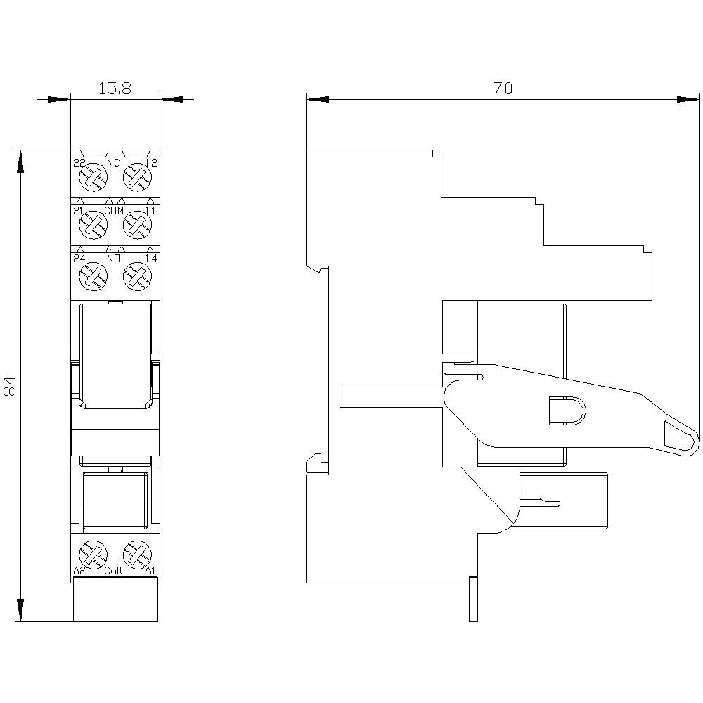 Technical drawing of an electrical relay with detailed dimensions: Width 15.8 mm, Height 84 mm, Length 70 mm. Wiring diagram on the left.