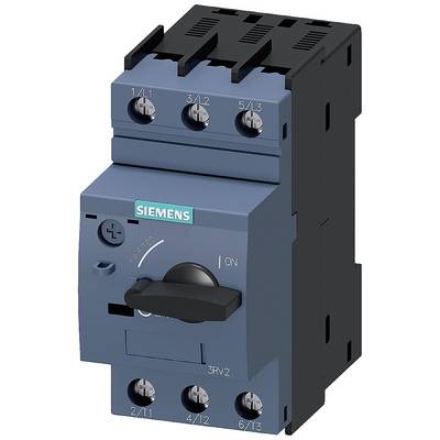 'Siemens 3RV2 motor protection circuit breaker, rotary switch in "On" position, with blue front plate and black connection terminals.'
