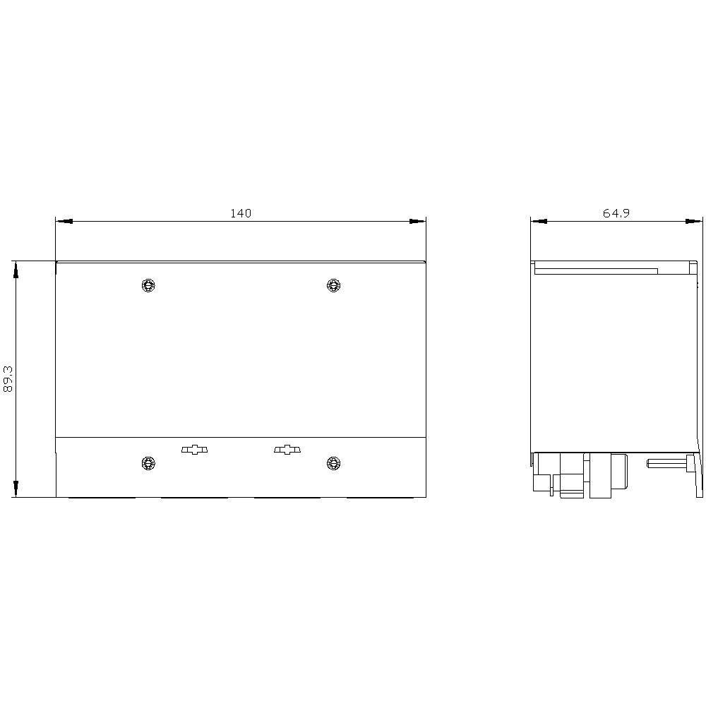 'Technical drawing of a rectangular box with dimensions: width 140 mm, height 83 mm, depth 64.9 mm. Details of mounting points and connections shown.'