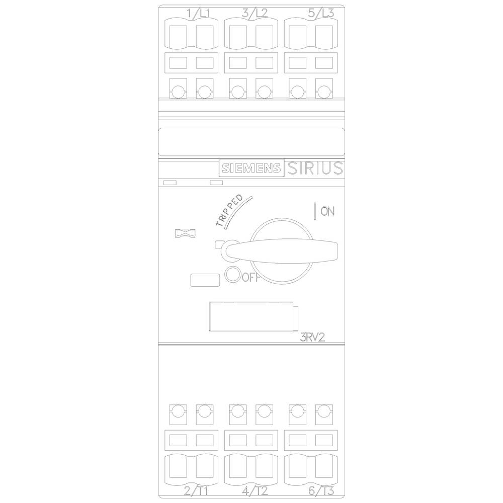 A Siemens SIRIUS switch with positions 'ON', 'OFF', 'TRIPPED'. Surrounded by numbered terminals.