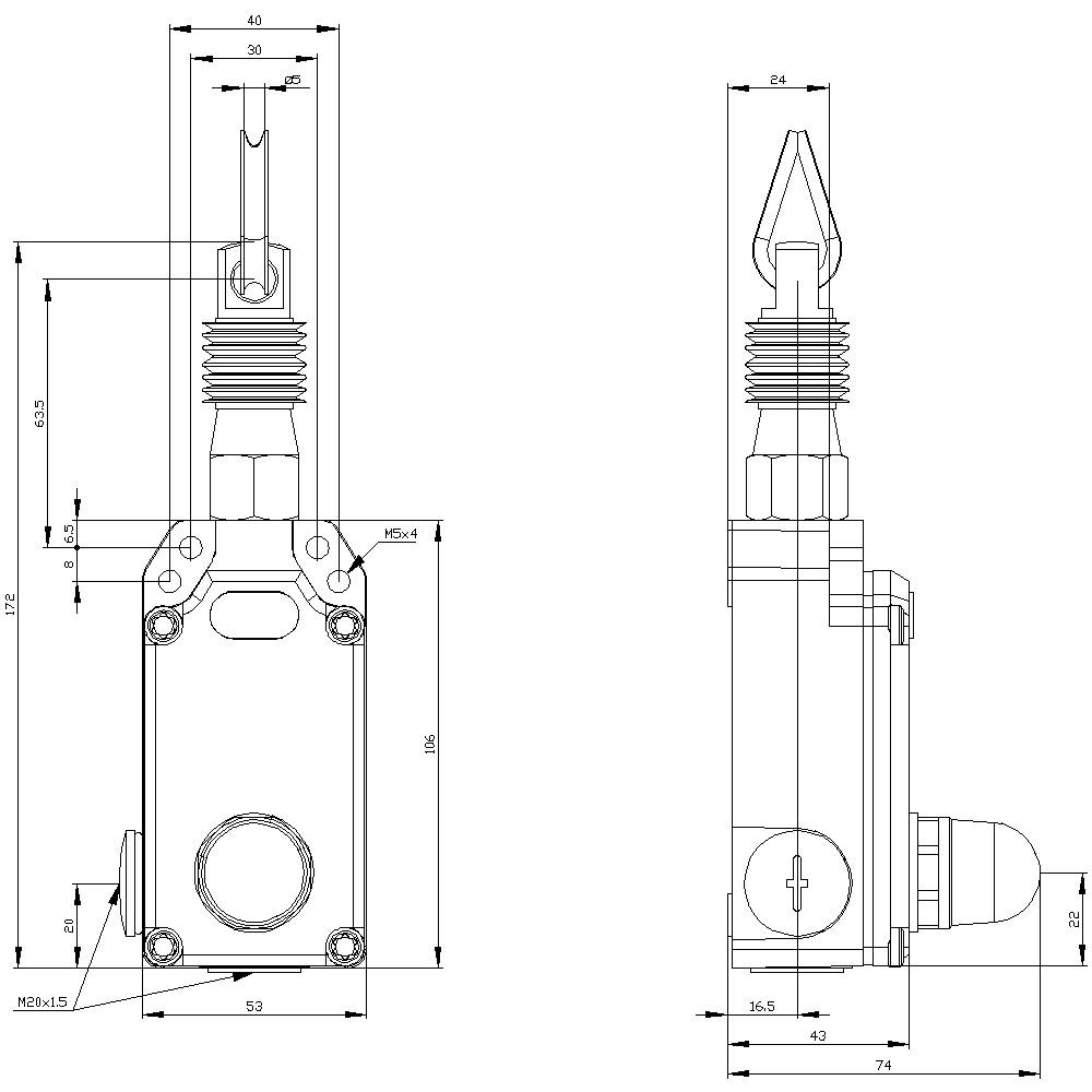 Technical drawing of a sensor with dimensions in millimetres. Shows front and side view with precise measurements.