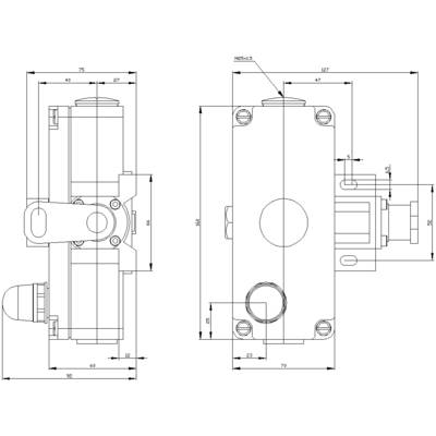 Technical drawing of a rectangular enclosure with detailed dimensions in millimetres, showing two views.