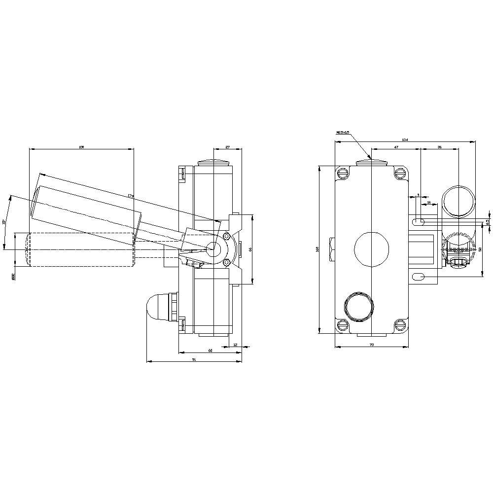 Technical drawing of a mechanical component with multiple views and dimensional specifications, showing details and measurements.