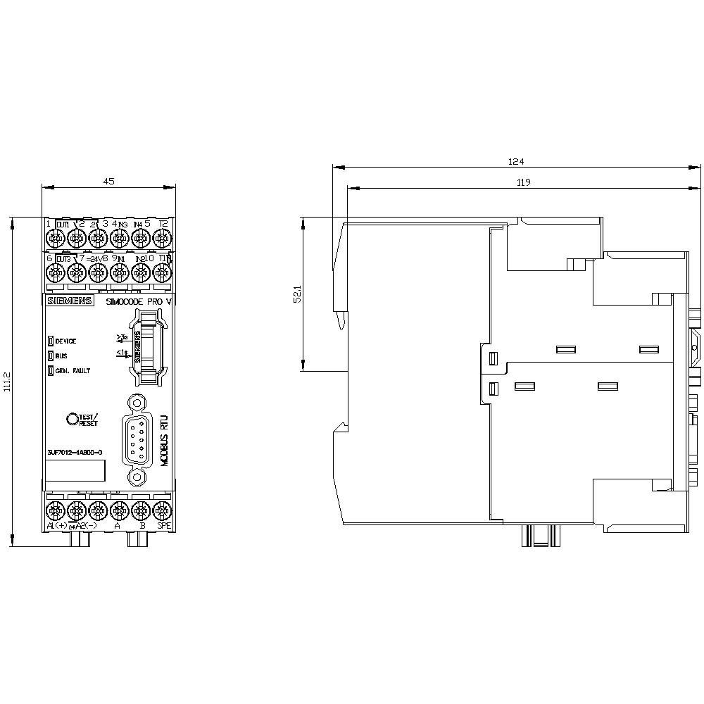Technical drawing of an electronic device with dimensions: width 45 mm, depth 124 mm. Front view shows sockets and indicator lights.