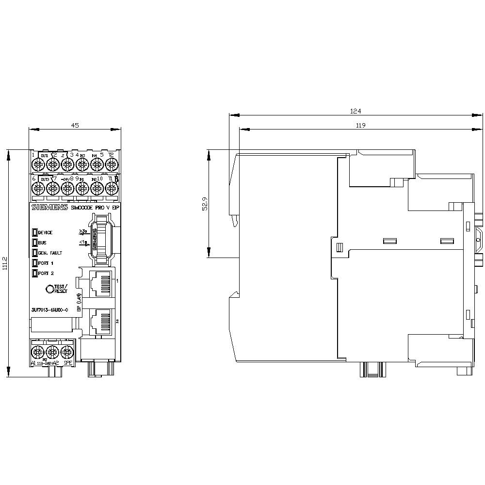Technical drawing of an electronic device with dimensions: Width 45 mm, Height 124 mm. Shows connections and LED indicators.