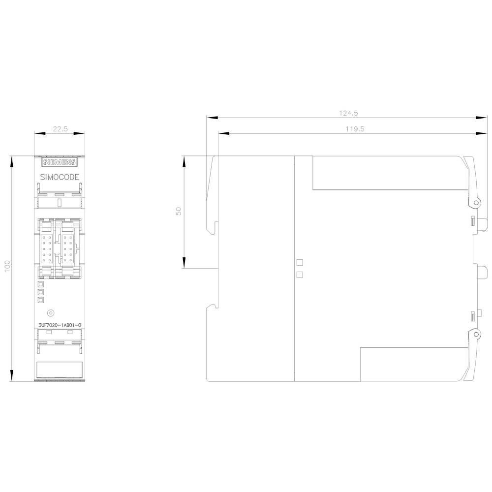 Technical drawing of a SIMOCODE module; shows front and side views with detailed dimensions, e.g. 100 x 22.5 mm.