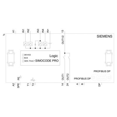 Circuit diagram of a Siemens SIMOCODE PRO with three inputs (IN1, IN2, IN3) and outputs (OUT1, OUT2), showing the logic and bus connection.