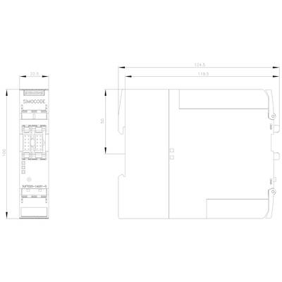 Technical drawing of a SIMOCODE device from the front and side, showing dimensional specifications.