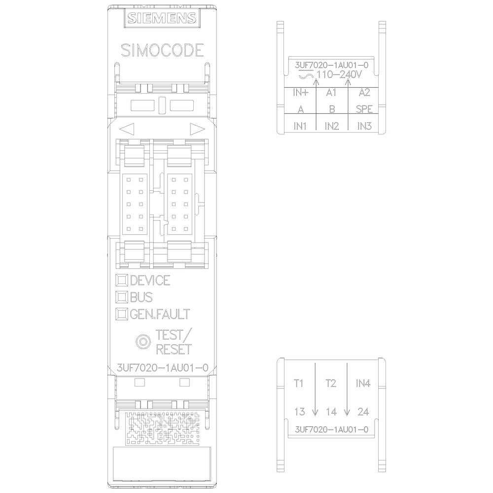 'Siemens SIMOCODE module for motor control, showing input and output connections. Indicator lamps for device, bus, error. Code: 3UF7020-1AU01-0.'