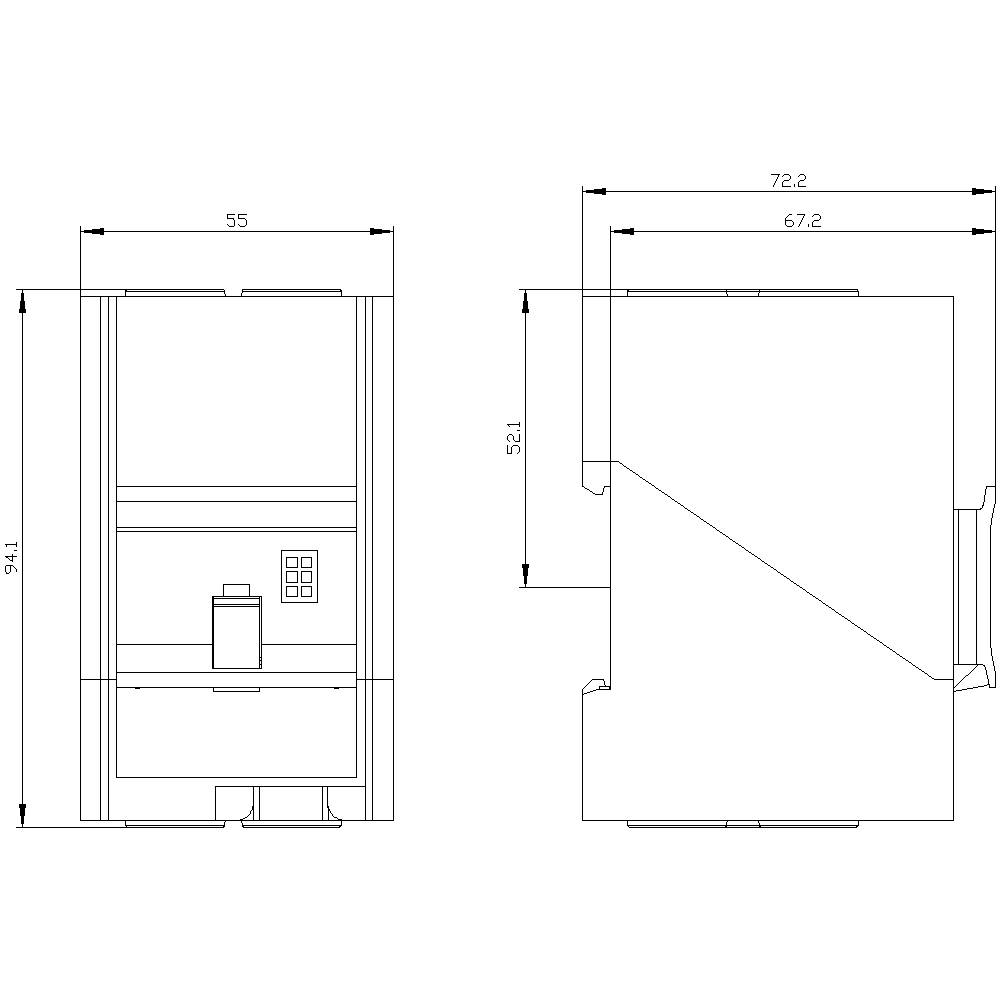 Dimensional drawing of a rectangular device with digital control panel. Dimensions: height 941 mm, width 55 mm, depth 72.2 mm.