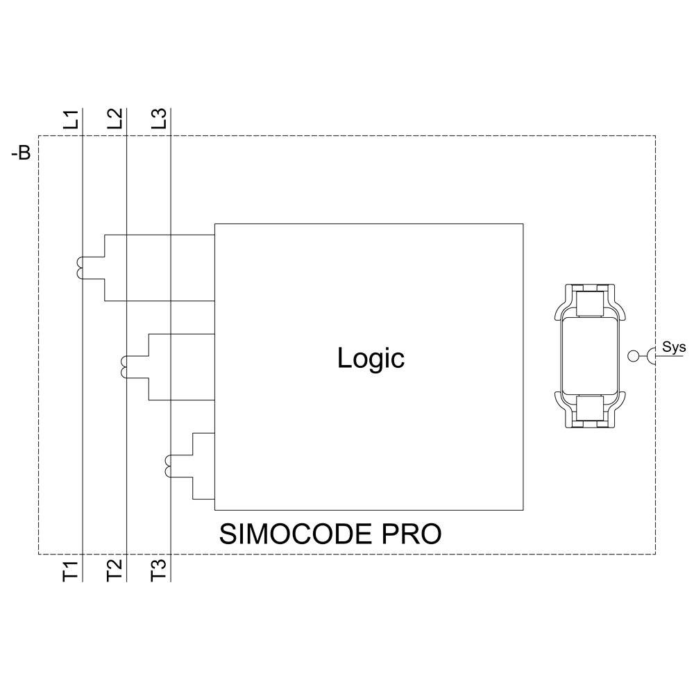 Diagram of a SIMOCODE PRO with logic unit, connection lines L1, L2, L3 and T1, T2, T3. Shows wiring examples for logic control.