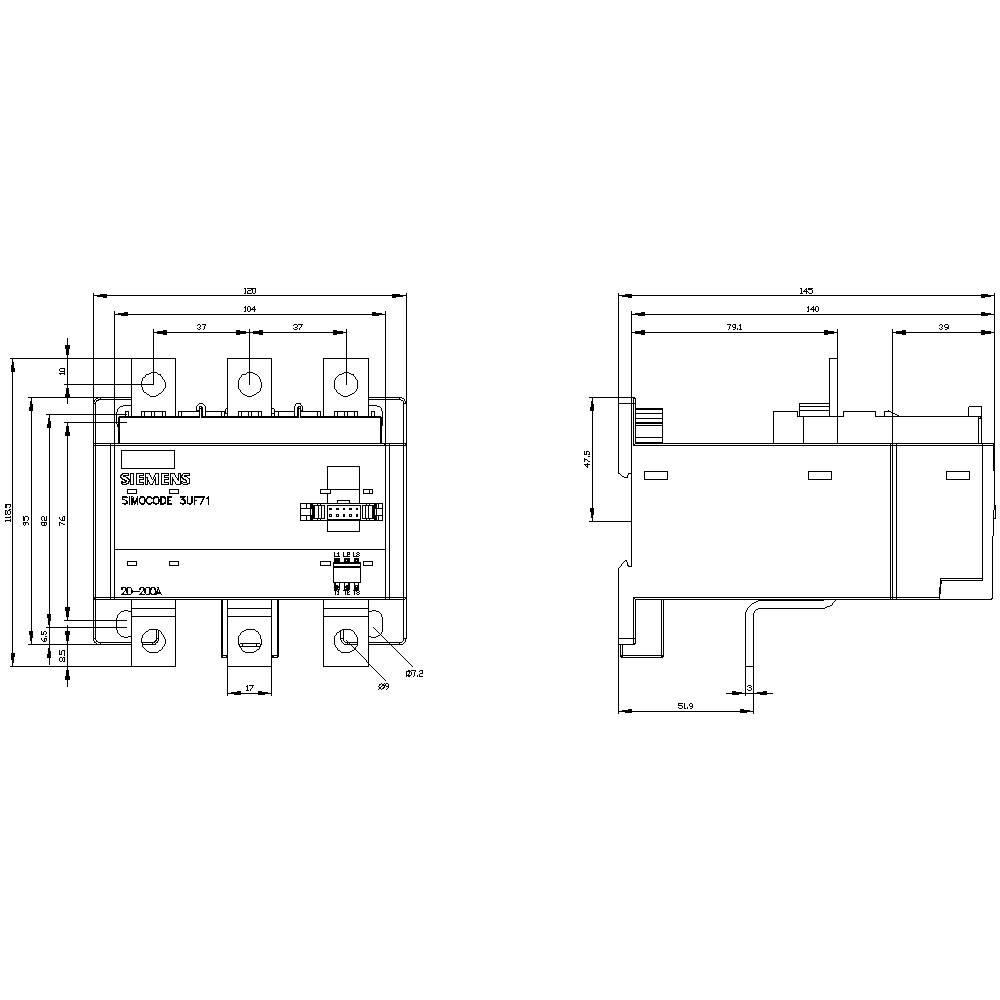 Technical drawing of a Siemens Sitrans switch, showing detailed dimensions and connections in front and side views.