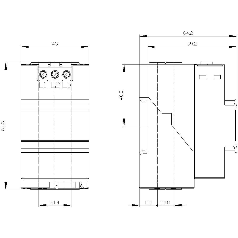 Dimensional drawing of an electrical component with front and side views. Dimensions: 64.2 x 84.3 x 45 mm. Connections L1, L2, L3 visible.