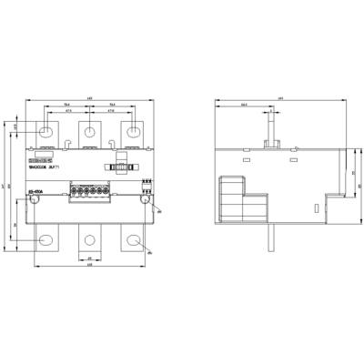 Technical drawing of a kitchen unit and sideboard. Measurements given in millimetres. Shows built-in sink, cooker, cupboards and layout.