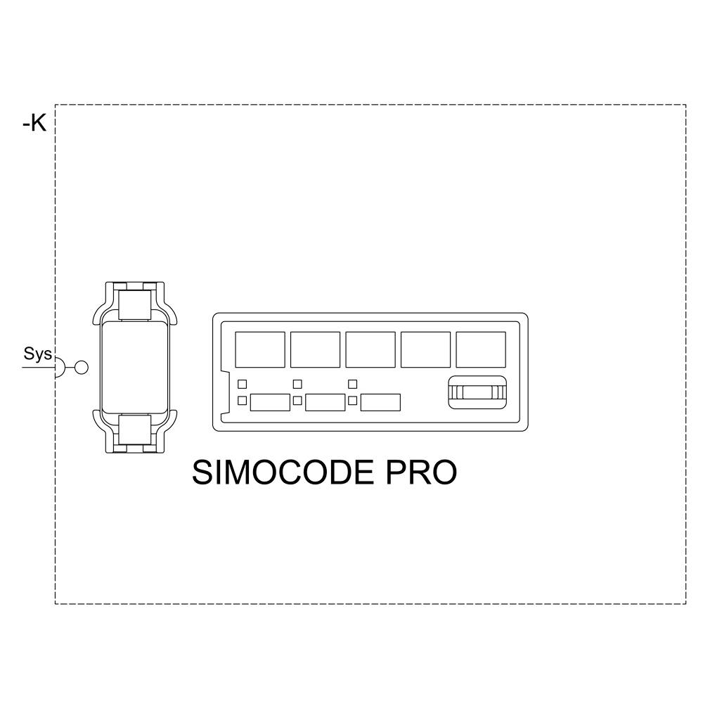 'Diagram shows SIMOCODE PRO module. On the left side is a symbol for a connection, labelled with -K and Sys.'