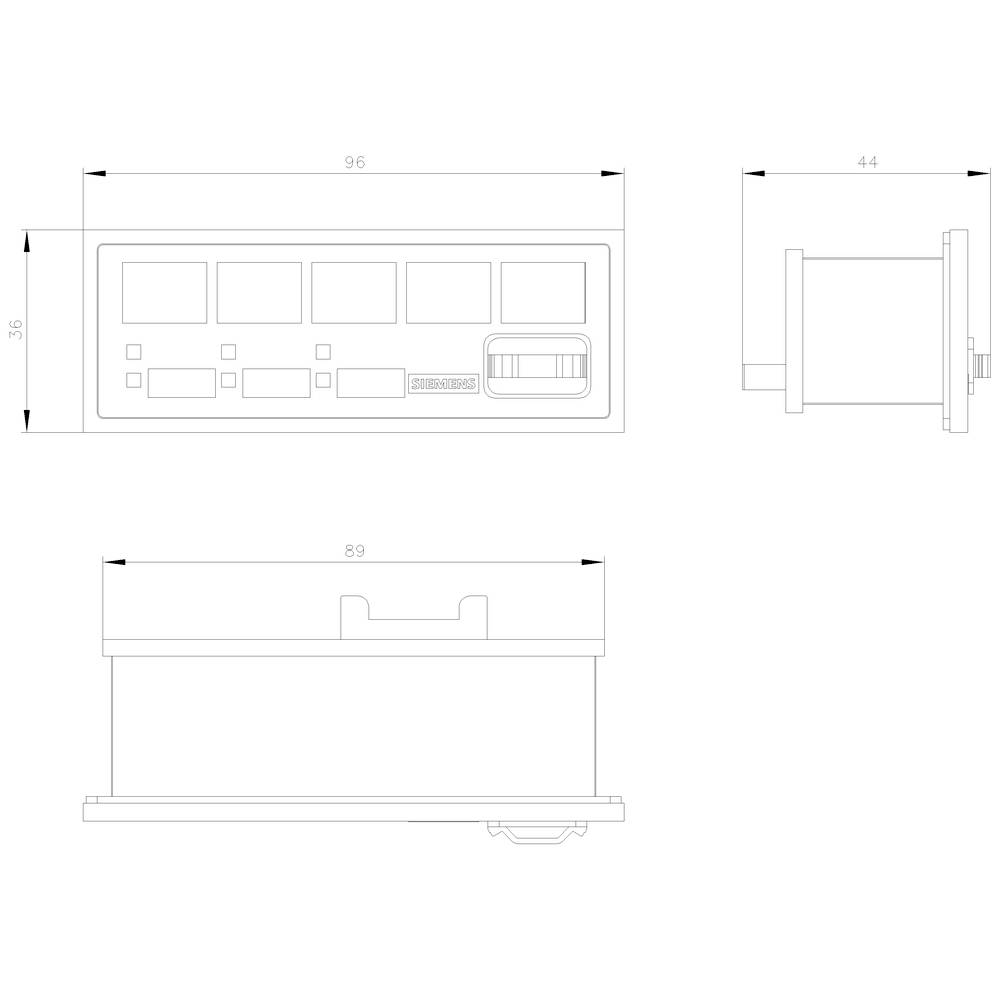 Technical drawing of a rectangular device with dimensions: Front 96x36 mm, side 89 mm long, height 44 mm. Contains switches and four square indicators.