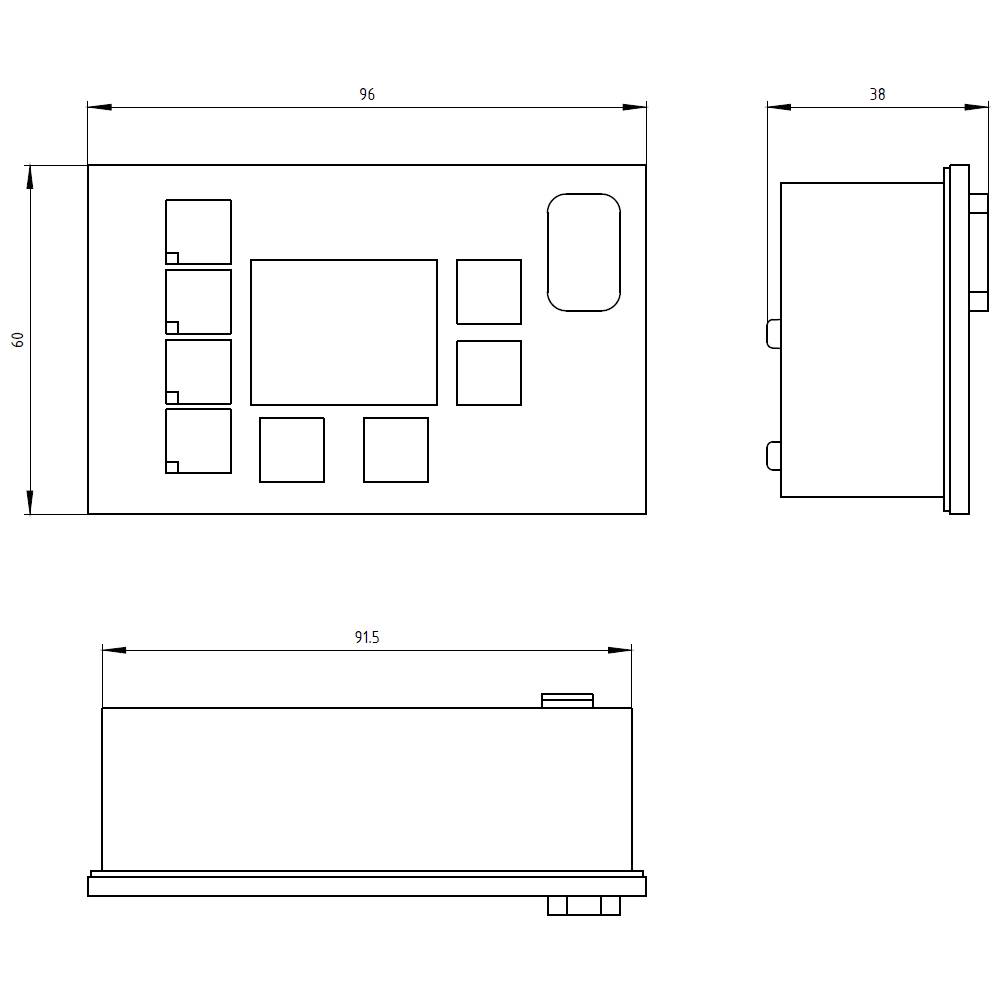 Diagram of a rectangular device with dimensions: width 96 mm, height 60 mm, depth 91.5 mm. Front, top, and side views.