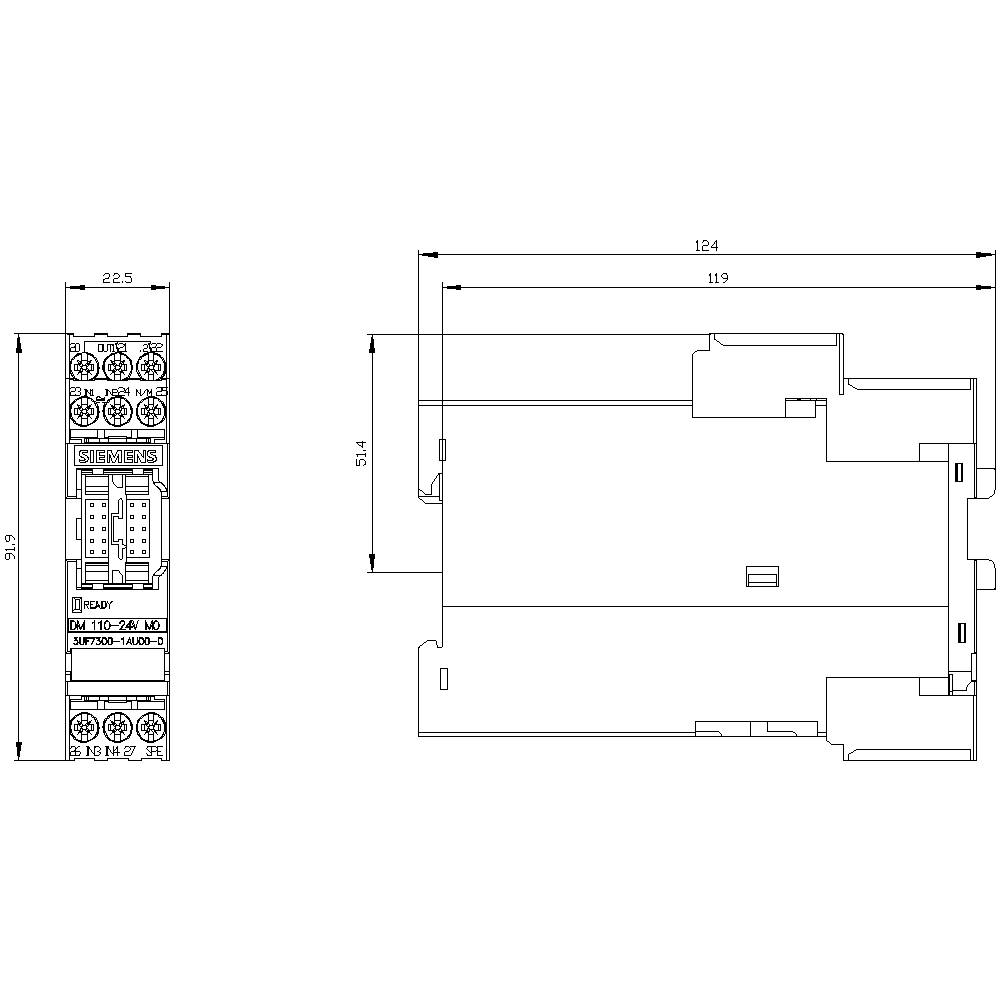 Technical drawing of an electrical device, showing dimensions and connections. Left: illustration of the front view, right: side view with dimension lines.