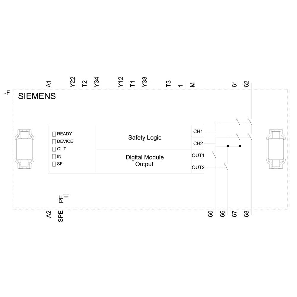 'Siemens Safety Logic Module', shows wiring diagram. Contains 'Safety Logic' and 'Digital Module Output' with connections to CH1 and CH2.