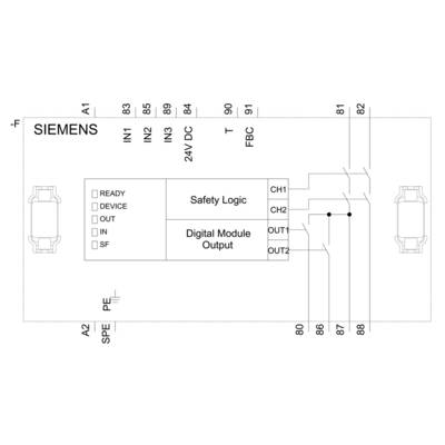 Circuit diagram for Siemens device with inputs IN1 to IN4, outputs OUT1 and OUT2. Contains safety logic and digital module output.
