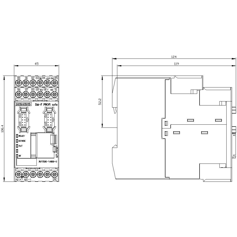Technical drawing of an electronic device with front and side view. Dimensions are given in millimetres.