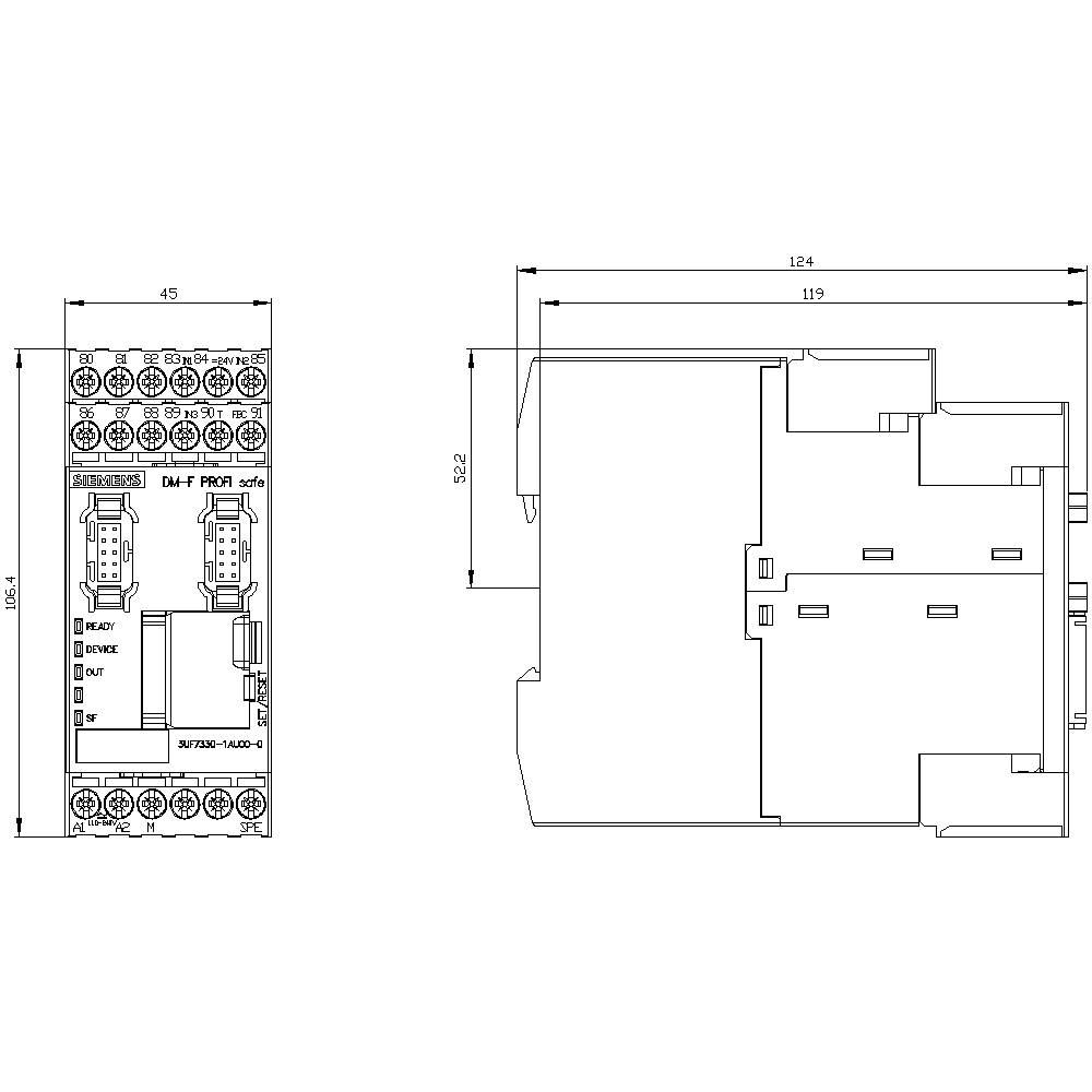 Technical Drawing: Two-wire Current Monitoring Relay with Dimensions 124x162x45 mm. Shows Connections and Housing Shape.