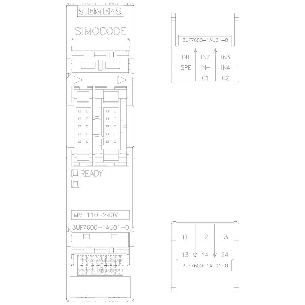 Circuit diagram of a Siemens SIMOCODE module with labels such as 'READY', 'MM 110-240V' and connections 'IN1', 'IN2', 'T1', 'T2', 'T3'.