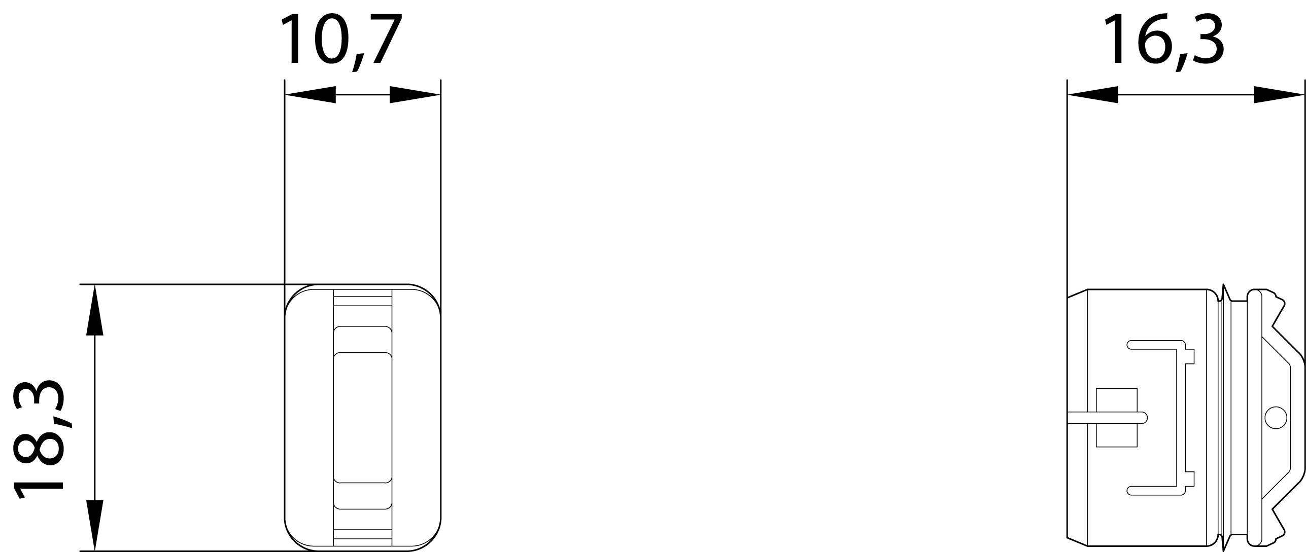 Technical drawing of a rectangular object with dimensions: width 10.7 mm, depth 16.3 mm, height 18.3 mm. Side views.