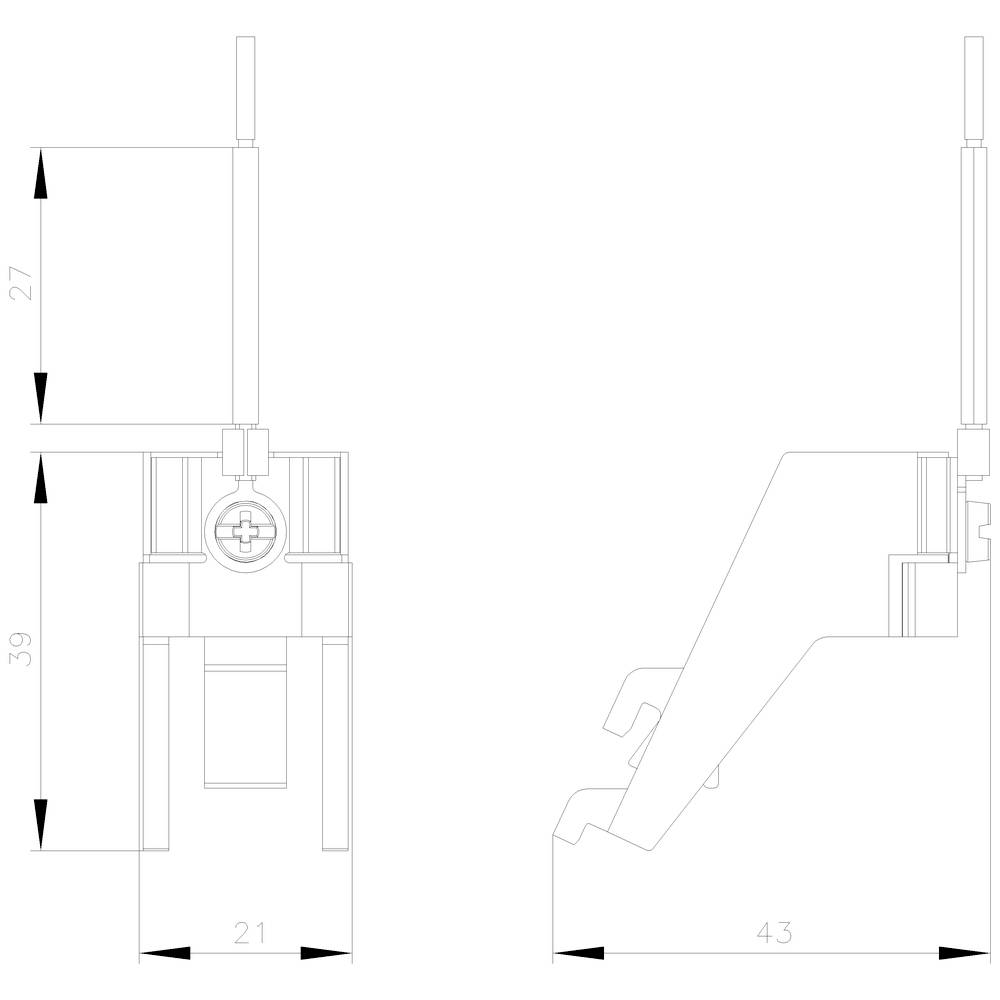 Technical drawing of a mechanical part with markings: left height dimensions 27 and 39, width 21. Right width 4.3.