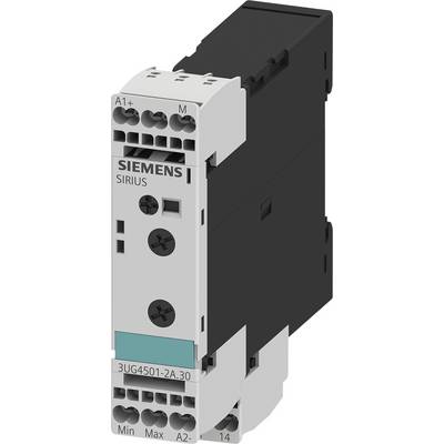 Siemens electric time relay, model Sirius 3UG4501-2A.30, in white and black, suitable for panel mounting.
