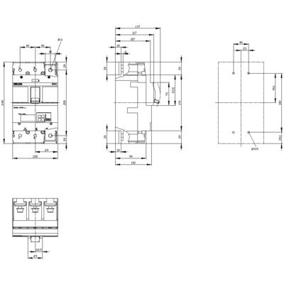 Technical drawing of an electrical device with multiple views and dimensional specifications. Main components, distances, and drilling positions are illustrated.