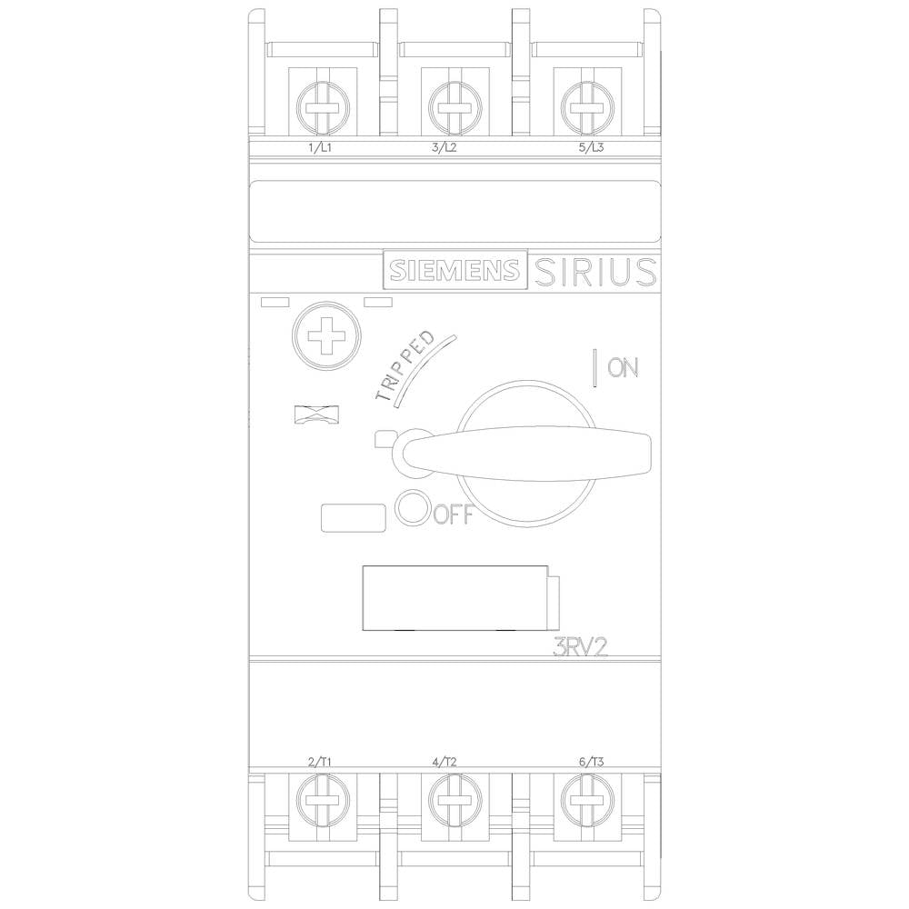 The image shows a Siemens SIRIUS 3RV2 motor protection circuit breaker. The settings for 'ON', 'OFF', and 'TRIPPED' are visible.